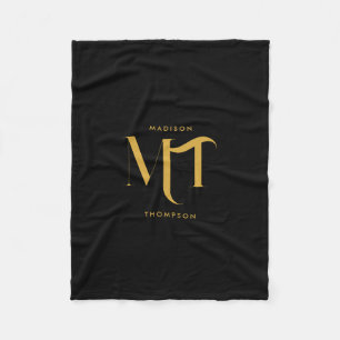 Stylish Black & Gold Monogram Initials Letters Fleece Blanket