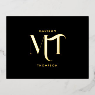 Stylish Black & Gold Monogram Initials Letters Foil Holiday Postcard