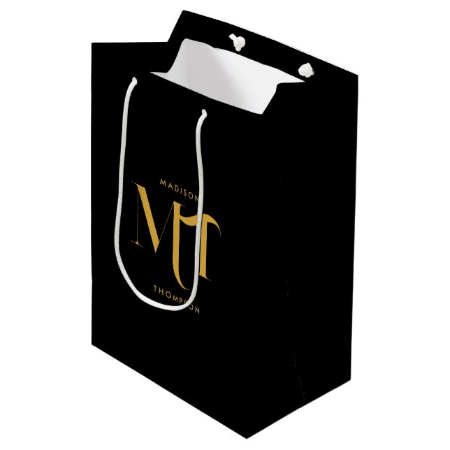 Stylish Black & Gold Monogram Initials Letters  Medium Gift Bag (Front Angled)