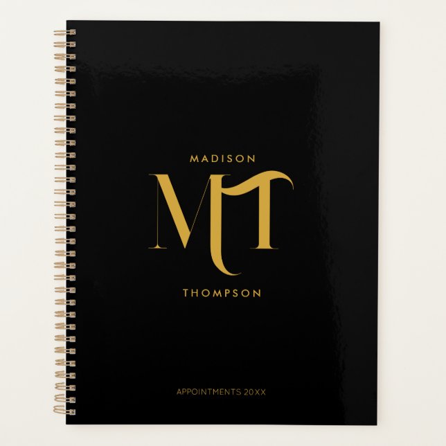 Stylish Black & Gold Monogram Initials Letters Planner (Front)