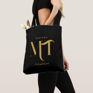 Stylish Black & Gold Monogram Initials Letters Tote Bag