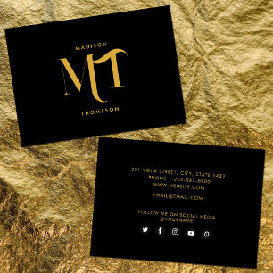 Stylish Black & Gold Monogram Social Media Icons Business Card