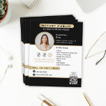 Stylish Black Gold Notary Photo QR Code Marketing<br><div class="desc">This professional notary flyer is a simple solution for your marketing needs. The elegant black and gold flyer is easy to customise and includes your business contact information as well as contact information as well as a call-to-action to urge your customers to book with you! The modern minimal design features...</div>