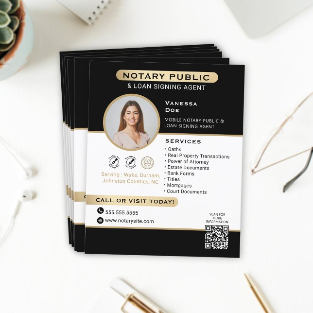 Stylish Black Gold Notary Photo QR Code Marketing Flyer (Creator Uploaded)