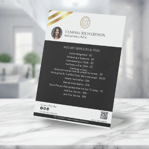 Stylish Black Gold Notary Photo QR Logo Price List Pedestal Sign