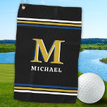 Stylish Black Gold Personalised Golfer Monogram  Golf Towel<br><div class="desc">Introducing the perfect accessory for any golfer or golf lover - our sporty black and gold monogram golf towel! With its classic yet stylish design, this golf towel is sure to make a statement on the course. Featuring gold white and blue stripes, it is the perfect blend of patriotic, preppy...</div>