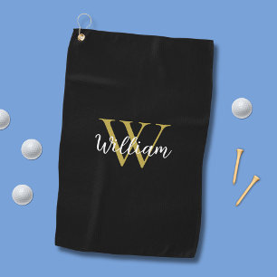 Stylish Black Gold Personalised Monogram Golf Towel