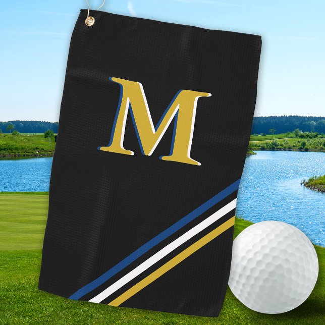 Stylish Black Gold Personalised Monogram Stripes Golf Towel (Creator Uploaded)