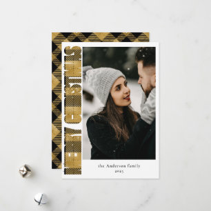 Stylish Black & Gold Plaid Christmas Family Photo Holiday Card