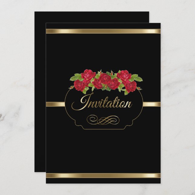Stylish Black & Gold & Red Roses Party Invitation (Front/Back)
