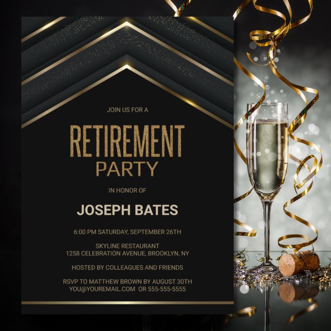 Stylish Black Gold Retirement Party Invitation (Creator Uploaded)