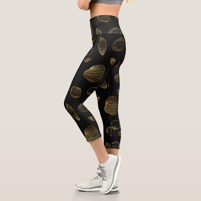 Stylish Black Gold Seashells Pattern Capri Leggings (Left)