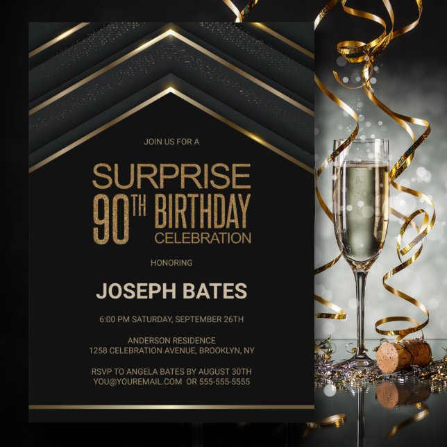 Stylish Black Gold Surprise 90th Birthday Invitation (Creator Uploaded)