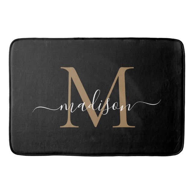 Stylish Black Gold White Monogram Feminine Script Bath Mat (Front)
