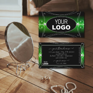 Stylish Black Green Ornate Sparkle Jewels Add Logo Business Card