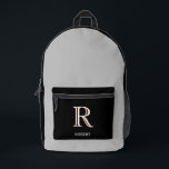 Stylish Black Grey Custom Monogram Name Printed Backpack<br><div class="desc">Simple,  Modern Sleek -- this Stylish Black and Grey Backpack Personalised with your custom 3-colour monogram and first name.  Any design questions just send a chat or an email to charmdesignstudio@rcn.com and we'll be delighted to assist.</div>