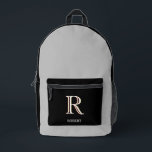 Stylish Black Grey Custom Monogram Name Printed Backpack<br><div class="desc">Simple,  Modern Sleek -- this Stylish Black and Grey Backpack Personalised with your custom 3-colour monogram and first name.  Any design questions just send a chat or an email to charmdesignstudio@rcn.com and we'll be delighted to assist.</div>