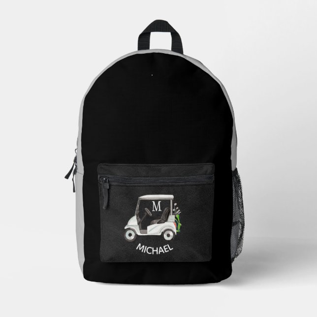 Stylish Black Grey Golf Design Monogram Name Printed Backpack (Front)