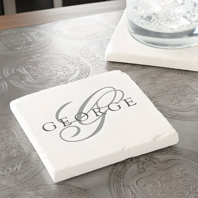 Stylish Black Grey Monogram Initial Script Name Stone Coaster (Creator Uploaded)