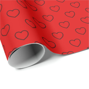 Stylish Black Hearts Pattern On Red Wrapping Paper
