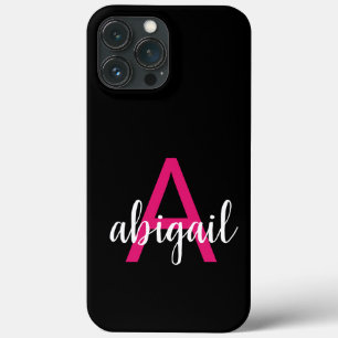 Stylish Black Hot Pink Modern Monogram Name iPhone 13 Pro Max Case