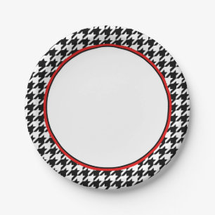 Stylish Black Houndstooth with Red   Paper Plates
