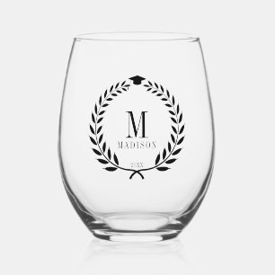 Stylish Black Laurel & Cap Graduation Stemless Wine Glass