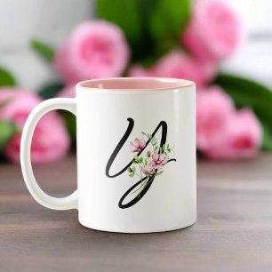 Stylish Black Letter "Y" Pink Flowers Leaves  Two-Tone Coffee Mug