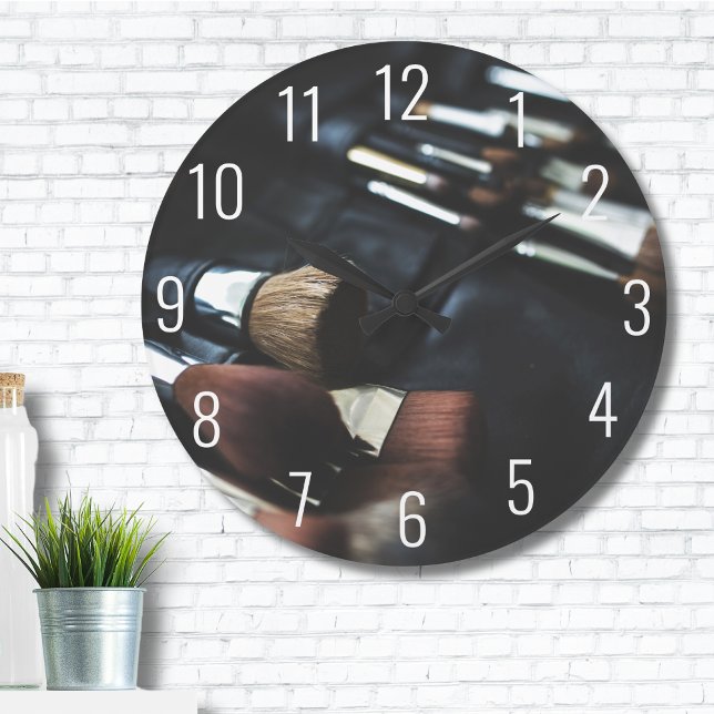 Stylish Black Makeup Artist Large Clock (Stylish Modern Black Makeup Artist Brushes Large Clock)