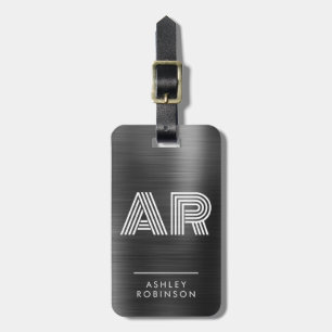 Stylish Black Metal Bold Two Monogram Initial Luggage Tag