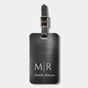 Stylish Black Metal Two Monogram Initial Name Luggage Tag
