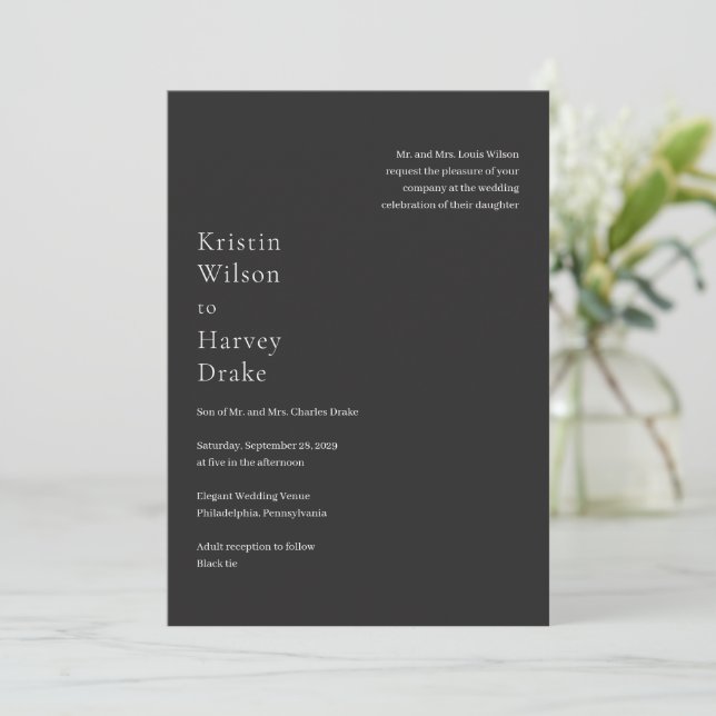 Stylish Black Modern Wedding Invitation (Standing Front)