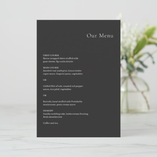 Stylish Black Modern Wedding Menu (Standing Front)