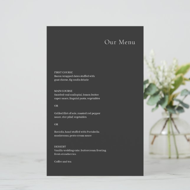Stylish Black Modern Wedding Menu (Standing Front)