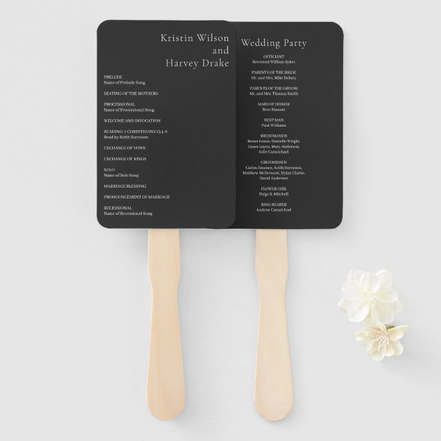Stylish Black Modern Wedding Program Hand Fan (Front and Back)