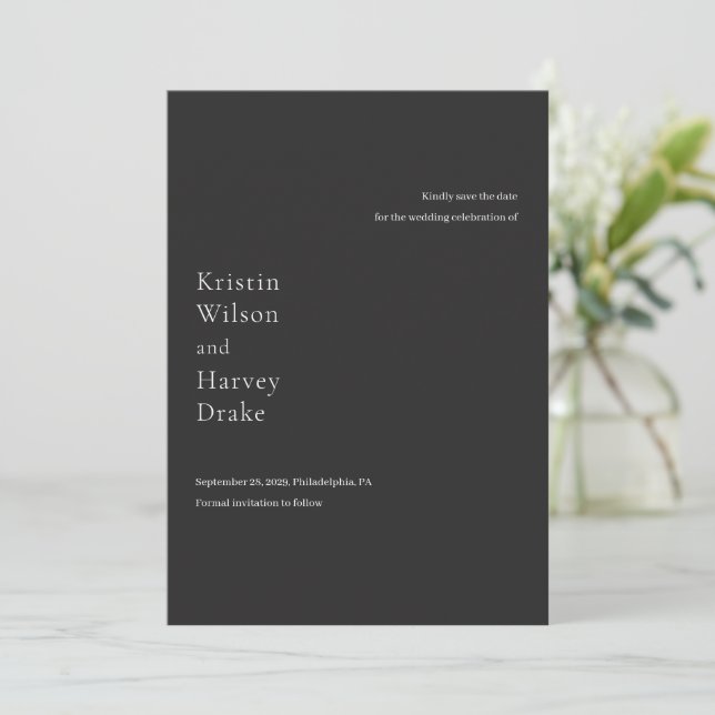 Stylish Black Modern Wedding Save The Date (Standing Front)