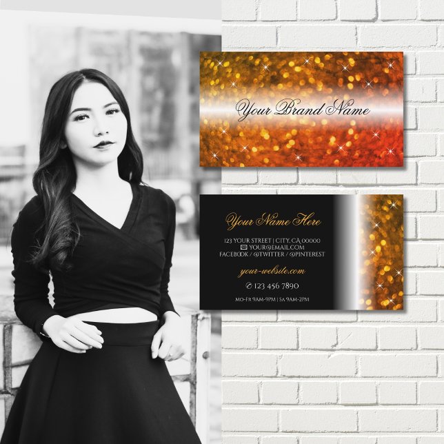 Stylish Black Orange Sparkling Glitter Glamourous Business Card (Creator Uploaded)
