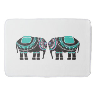 Stylish Black Ornate Elephants Design, Modern Blue Bath Mat