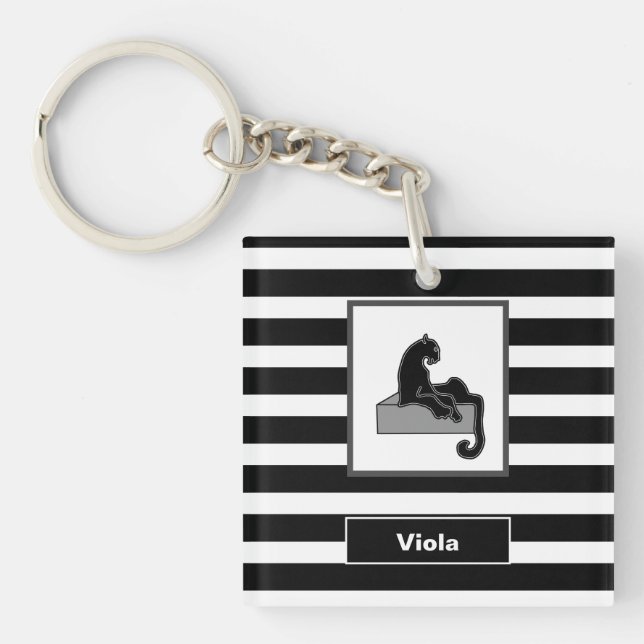 Stylish Black Panther Cat White Modern Key Ring (Front)