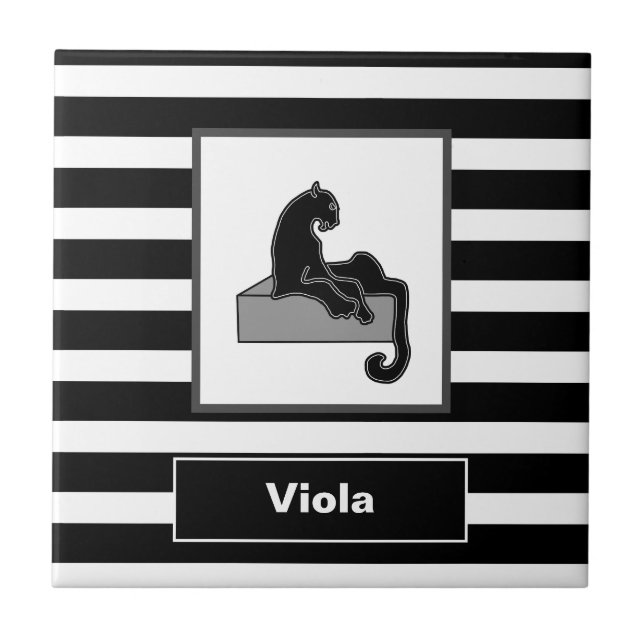 Stylish Black Panther Cat White Modern Tile (Front)