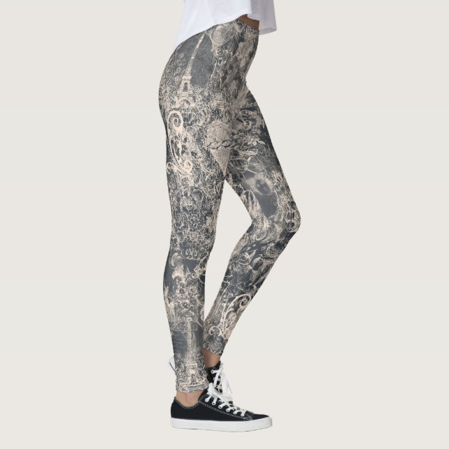 Stylish Black Paris Toile Design Leggings (Right)