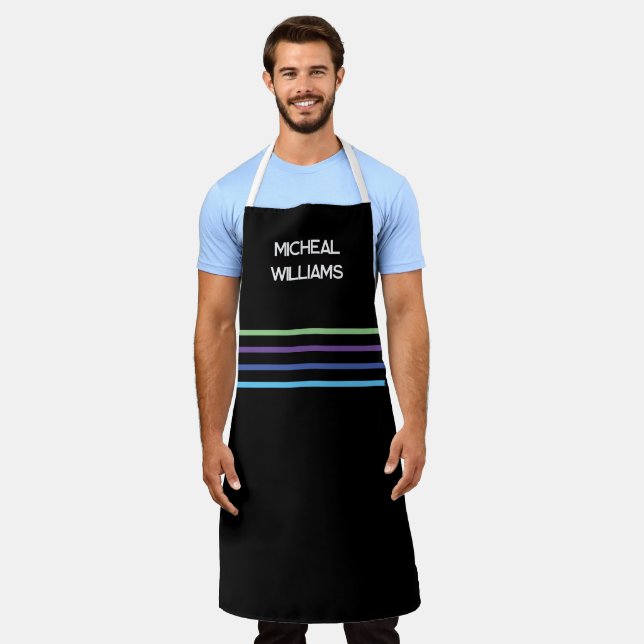 Stylish Black, Personalise, with colourful stripes Apron (Worn)
