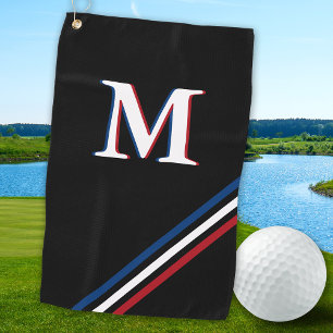 Stylish Black Personalised Red White Blue Monogram Golf Towel