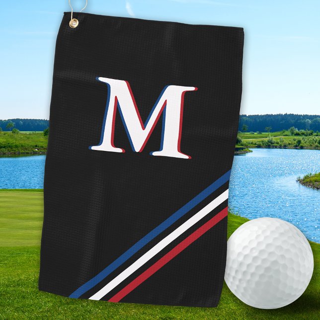 Stylish Black Personalised Red White Blue Monogram Golf Towel (Creator Uploaded)