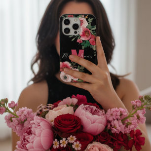 Stylish Black & Pink Floral Watercolor Custom Name iPhone 15 Pro Case