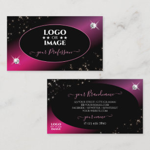 Stylish Black Pink Glitter Stars Diamonds Add Logo Business Card