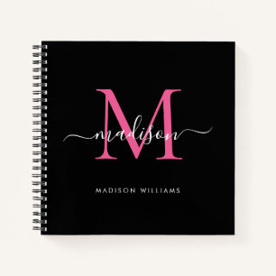 Stylish Black Pink Monogram Initial Script Name Notebook