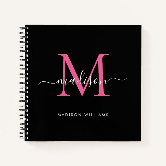 Stylish Black Pink Monogram Initial Script Name Notebook (Front)