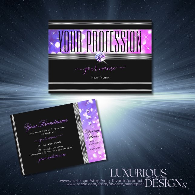 Stylish Black Pink Purple Glitter Diamonds Silver Business Card (Creator Uploaded)