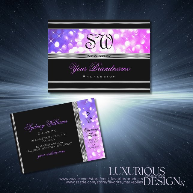 Stylish Black Pink Purple Glitter Initials Silver Business Card (Creator Uploaded)